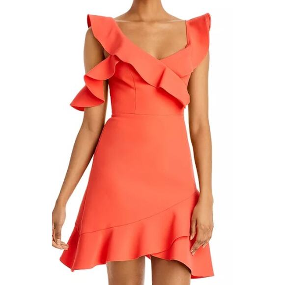 BCBGMaxAzria Dresses & Skirts - BCBGMAXAZRIA SZ 4 S Coral Ambrosia Malik Asymmetrical Ruffle Mini Dress NWT B84